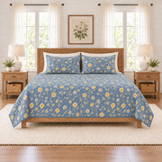 Misty cornflower blue buttercup quilt set front view with diamond stitching