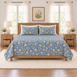 Misty Cornflower Blue Buttercup Quilt Set, Floral Bedding, Gift for Buttercup Lovers