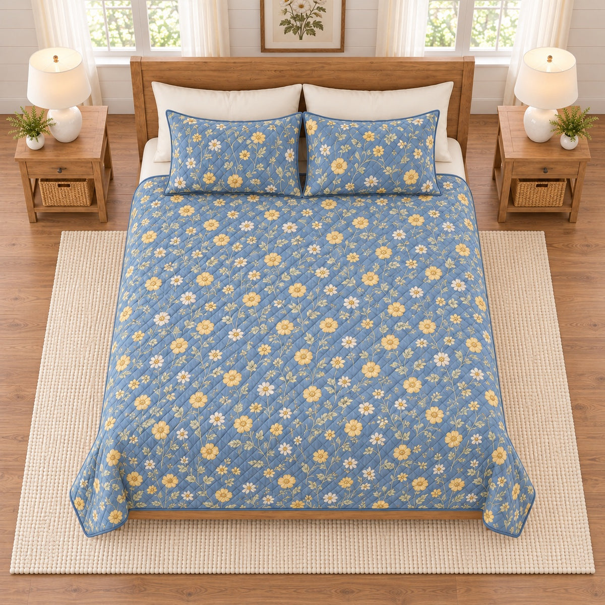 Misty cornflower blue buttercup quilt set elevated overhead view