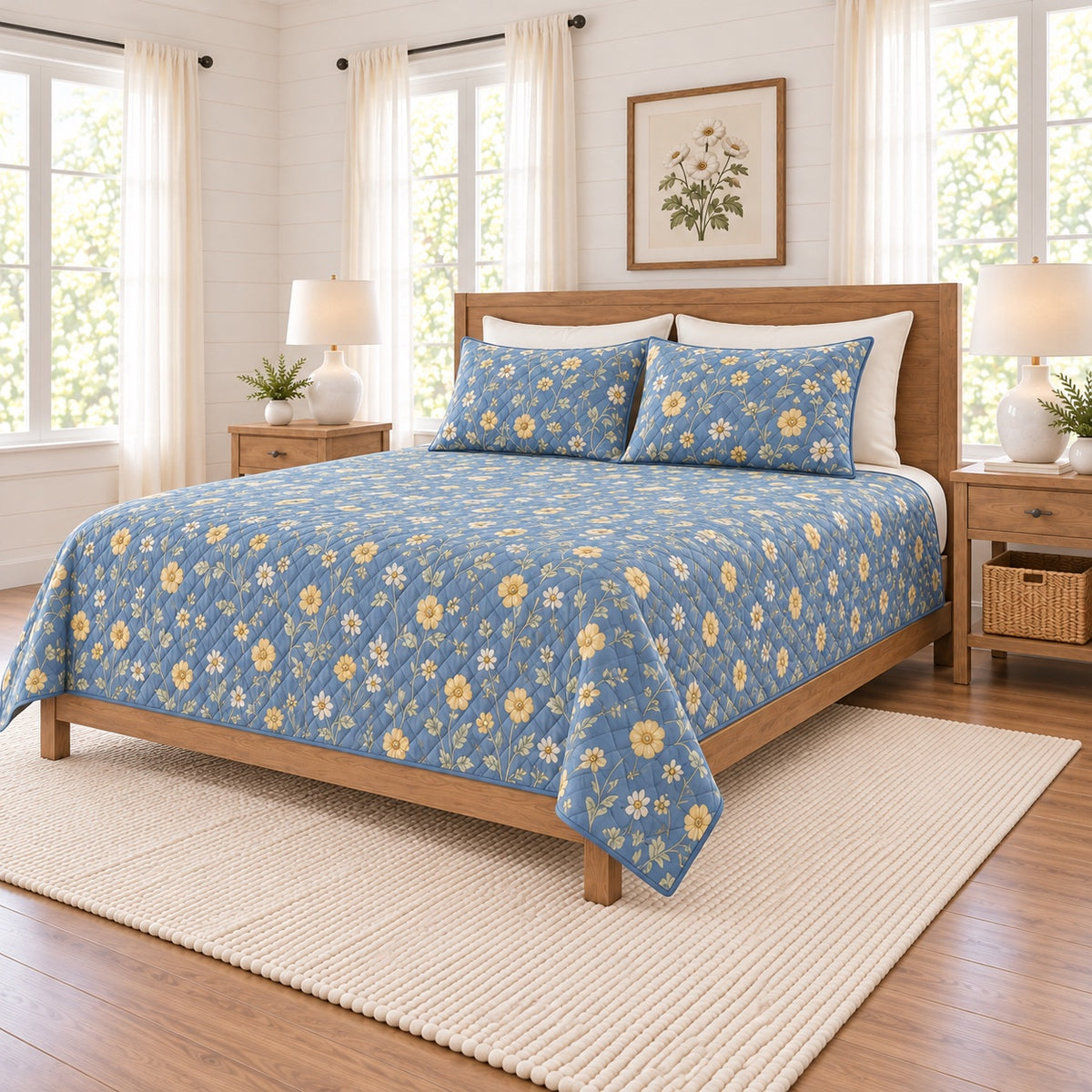 Misty cornflower blue buttercup quilt set right angle view