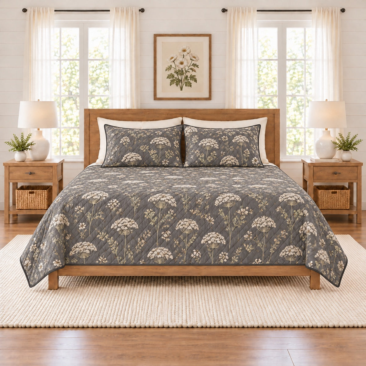 Soft charcoal Queen Anne's lace quilt set front view