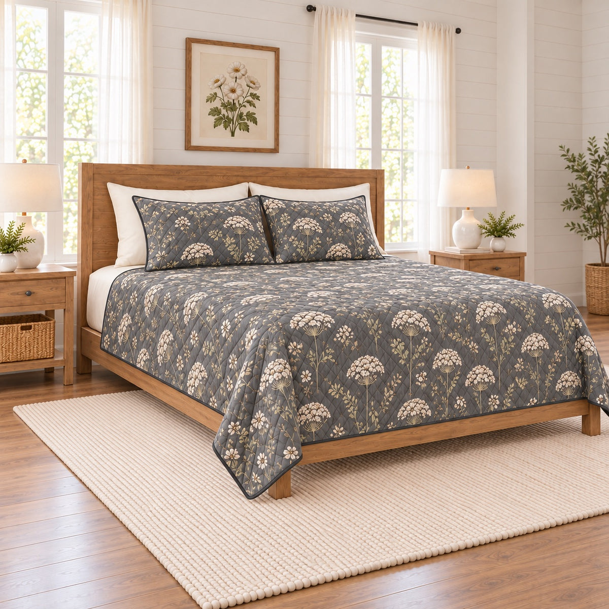 Soft charcoal Queen Anne's lace quilt set left angle
