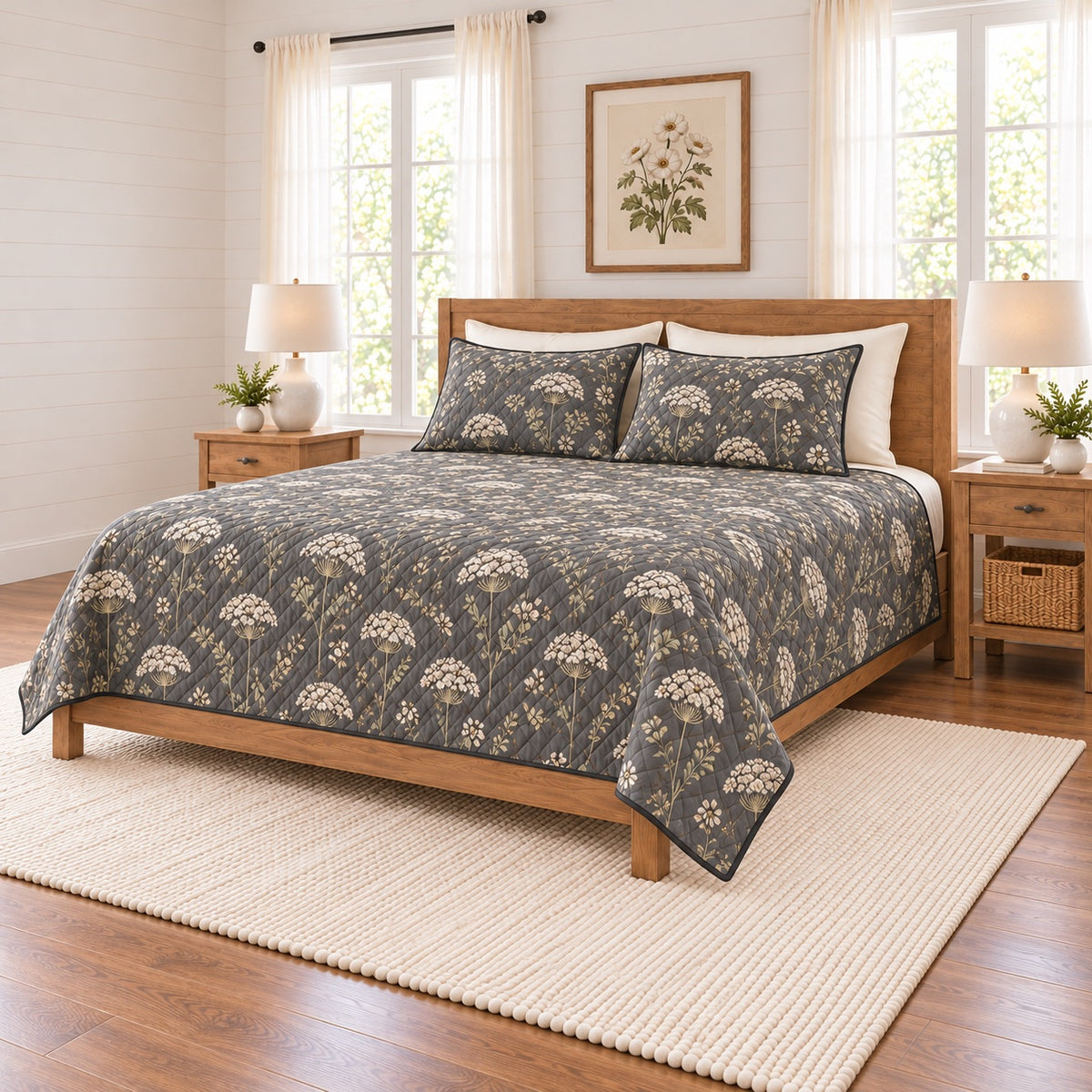 Soft charcoal Queen Anne's lace quilt set right angle
