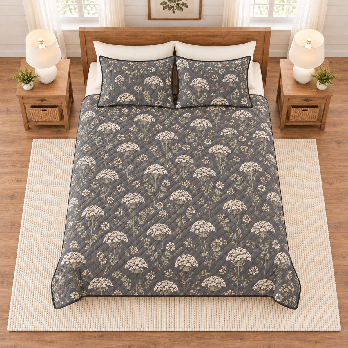 Soft charcoal Queen Anne's lace quilt set overhead view