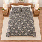 Soft charcoal Queen Anne's lace quilt set overhead view