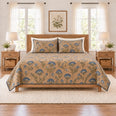 Warm Camel Indigo Block Print Floral Quilt Set, Boho Bedding, Gift for Boho Decor Lovers