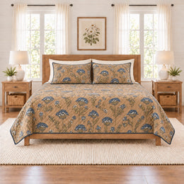 Warm Camel Indigo Block Print Floral Quilt Set, Boho Bedding, Gift for Boho Decor Lovers
