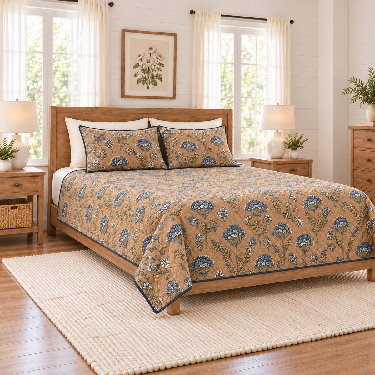Warm camel and indigo block print floral quilt set left angle