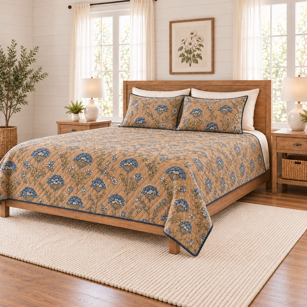 Warm camel and indigo block print floral quilt set right angle