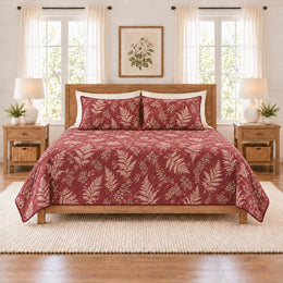 Dusty Cranberry Fern Frond Quilt Set, Botanical Bedding, Gift for Fern Lovers