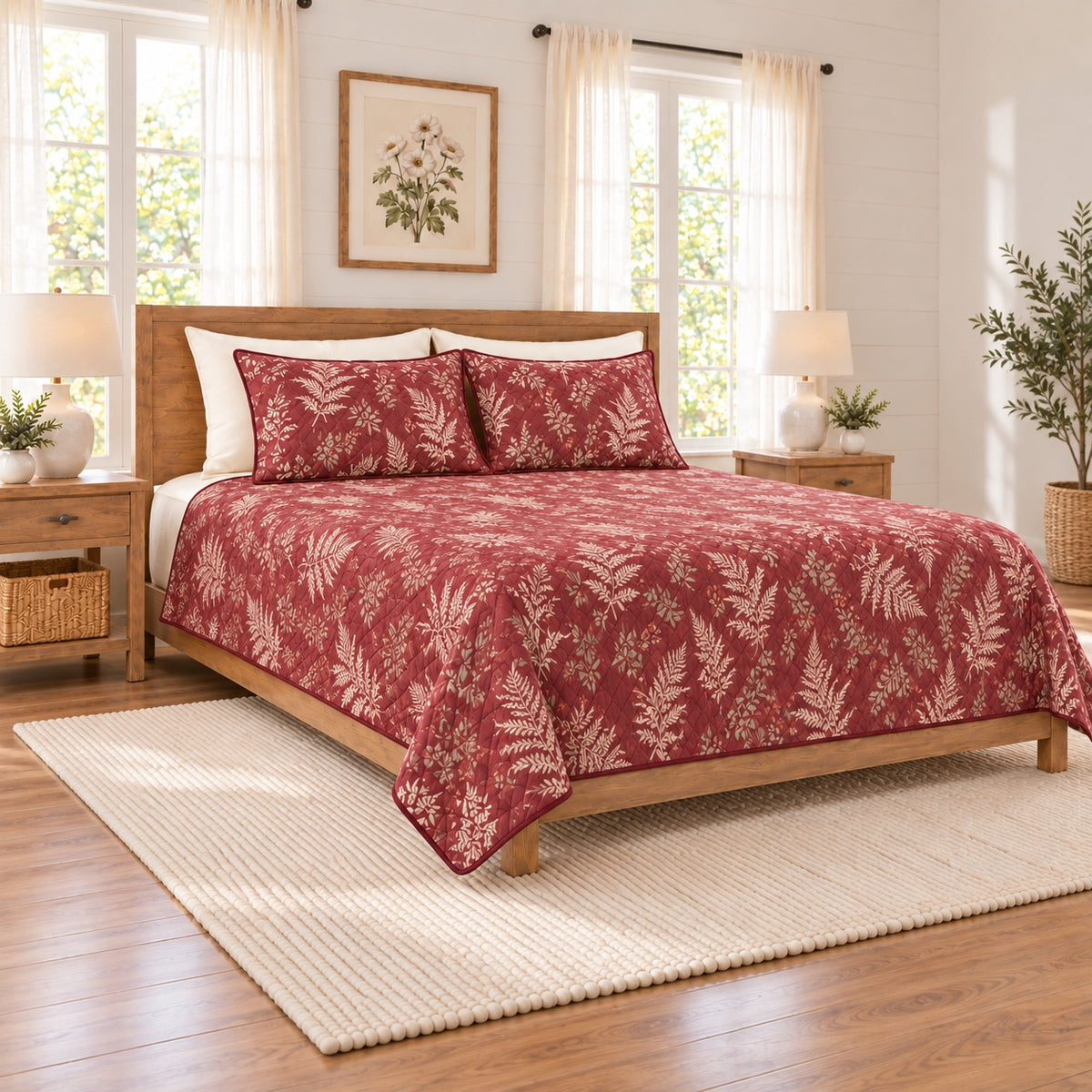 Dusty cranberry fern frond quilt set left angle