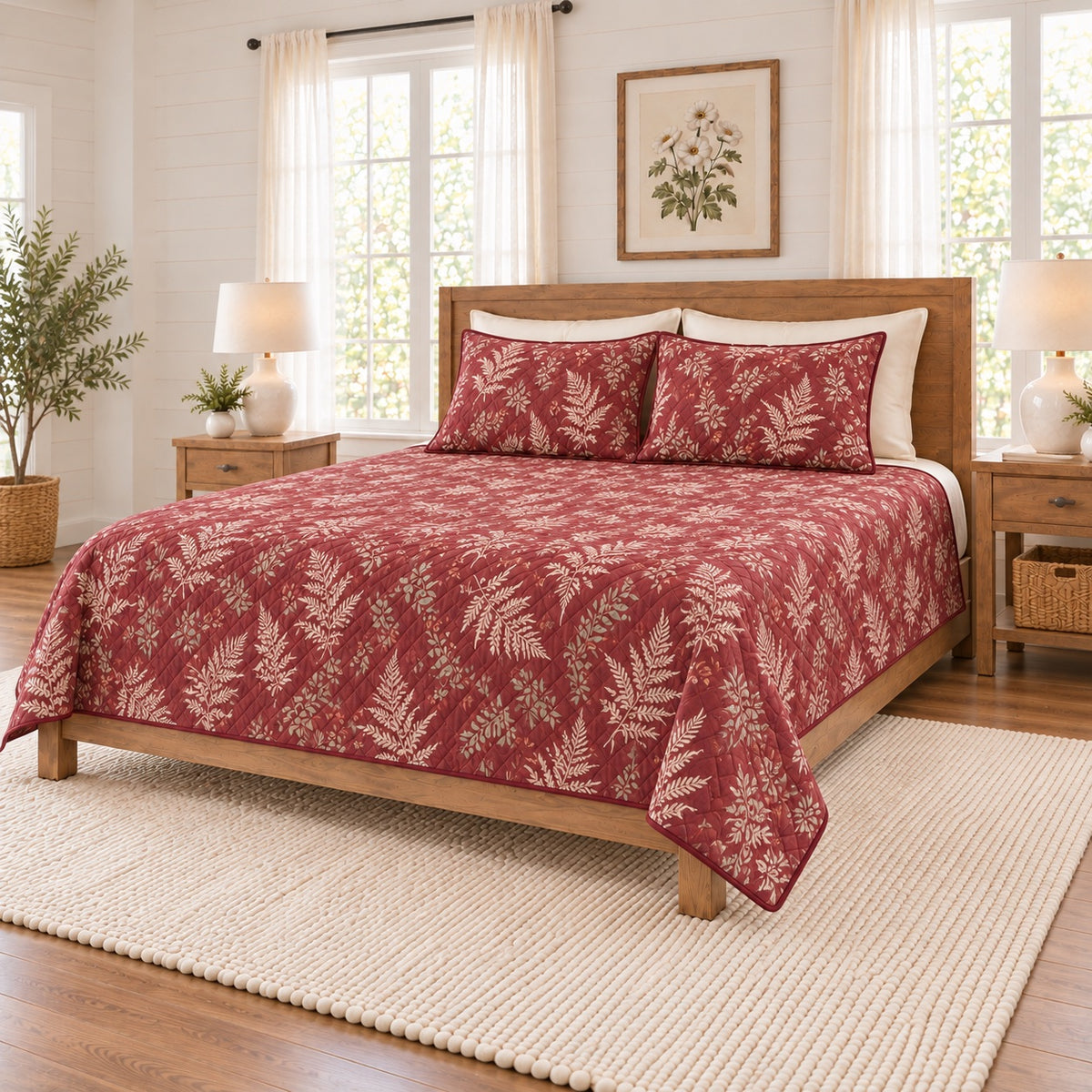 Dusty cranberry fern frond quilt set right angle
