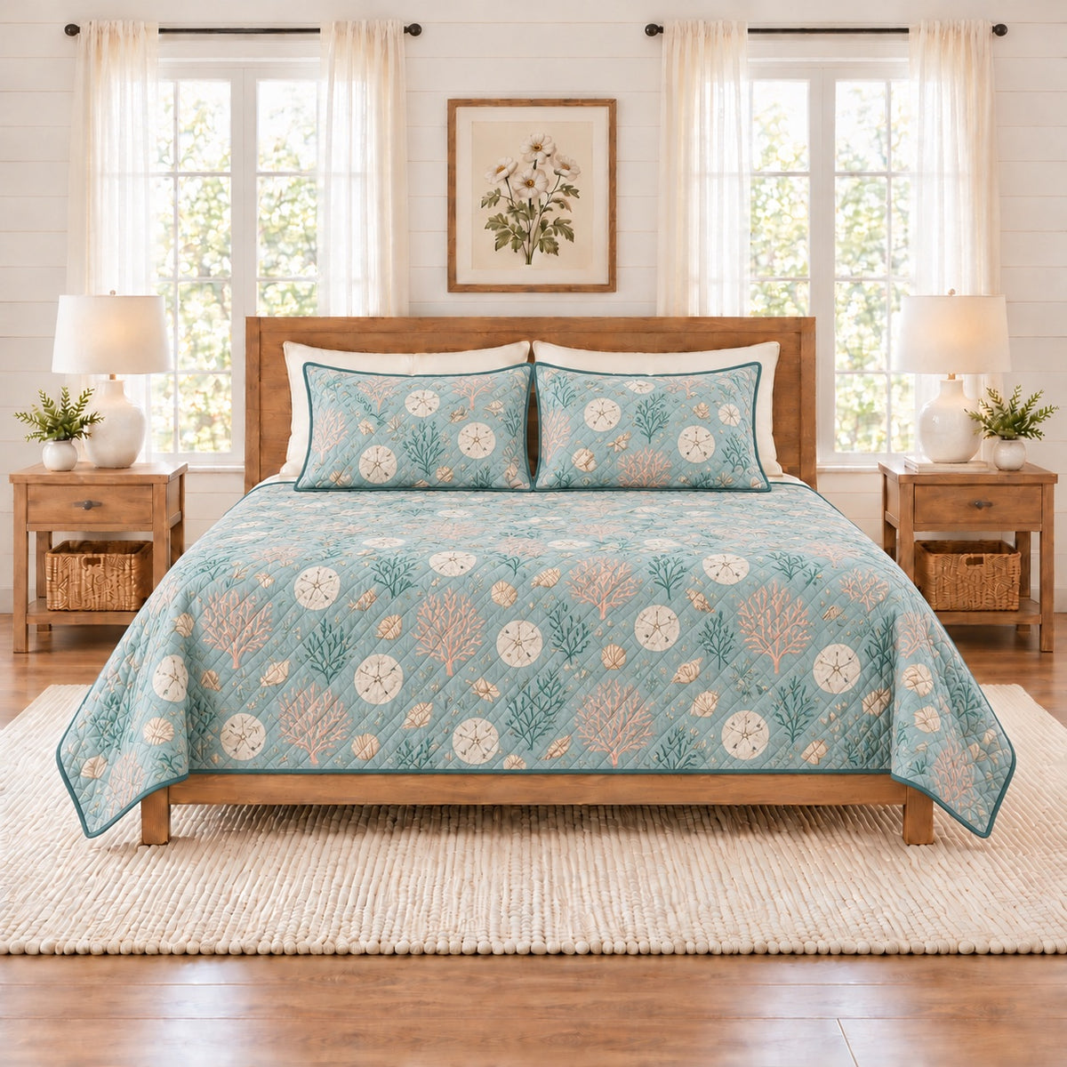 Muted aqua sand dollar and coral quilt set front view