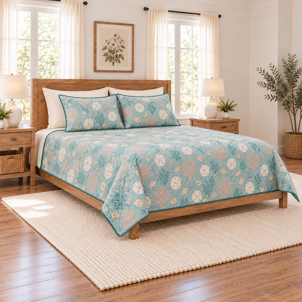 Muted aqua sand dollar and coral quilt set left angle