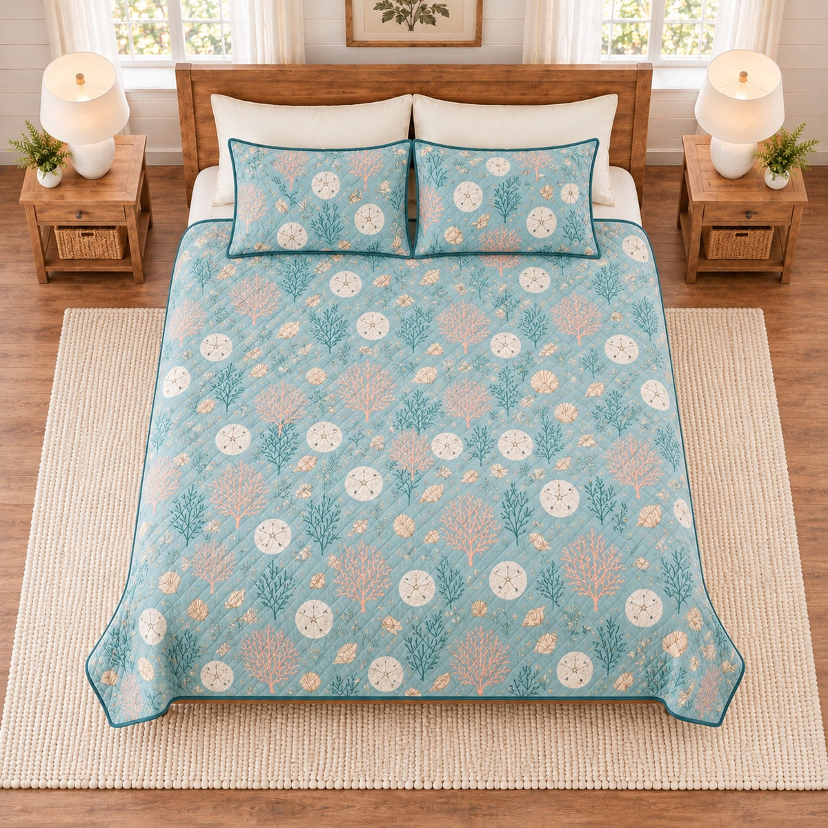 Muted aqua sand dollar and coral quilt set overhead view