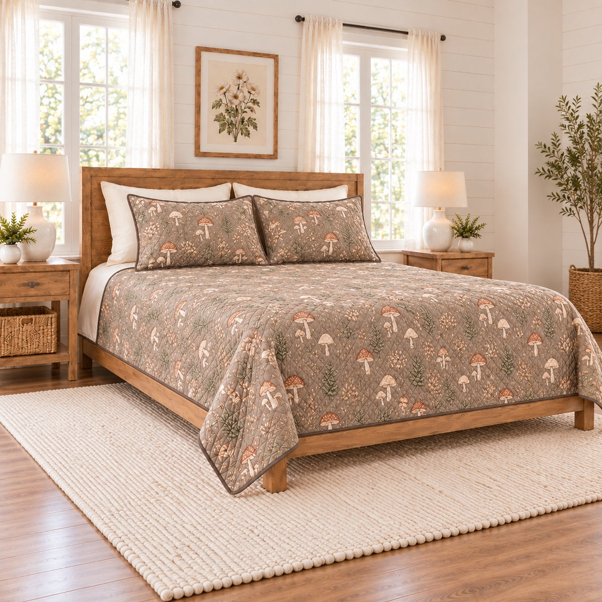 Dusty taupe mushroom and fern quilt set left angle