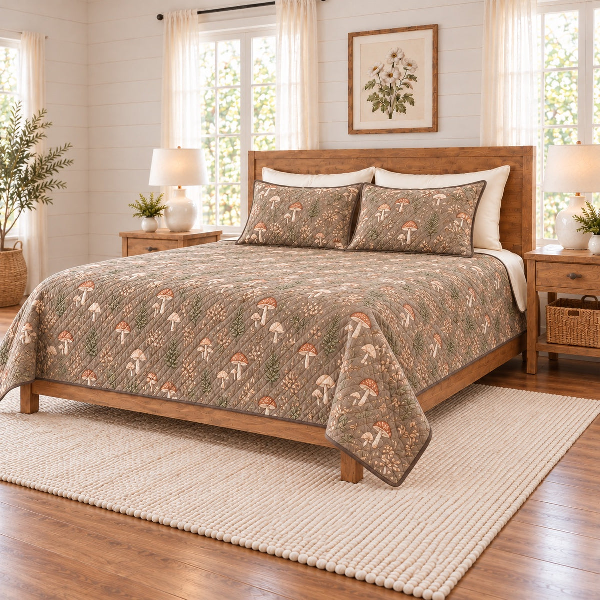 Dusty taupe mushroom and fern quilt set right angle