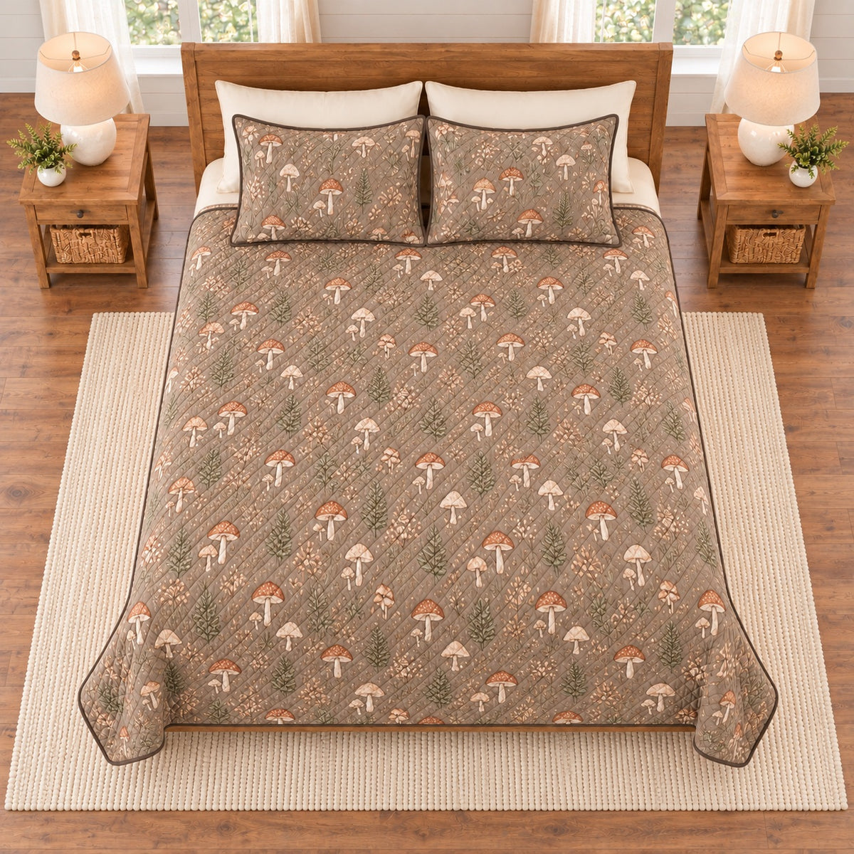 Dusty taupe mushroom and fern quilt set overhead view