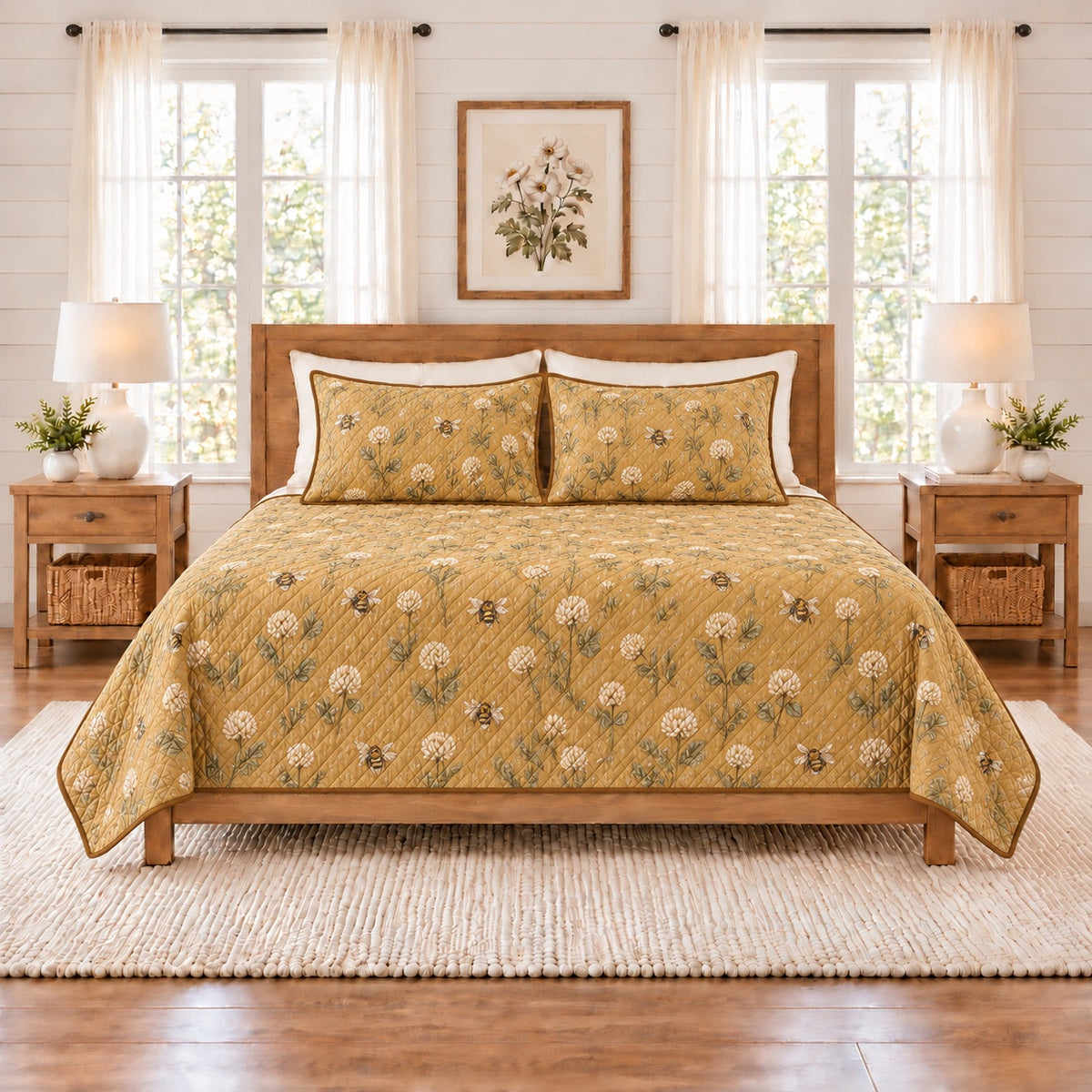Muted mustard honeybee and clover quilt set front view