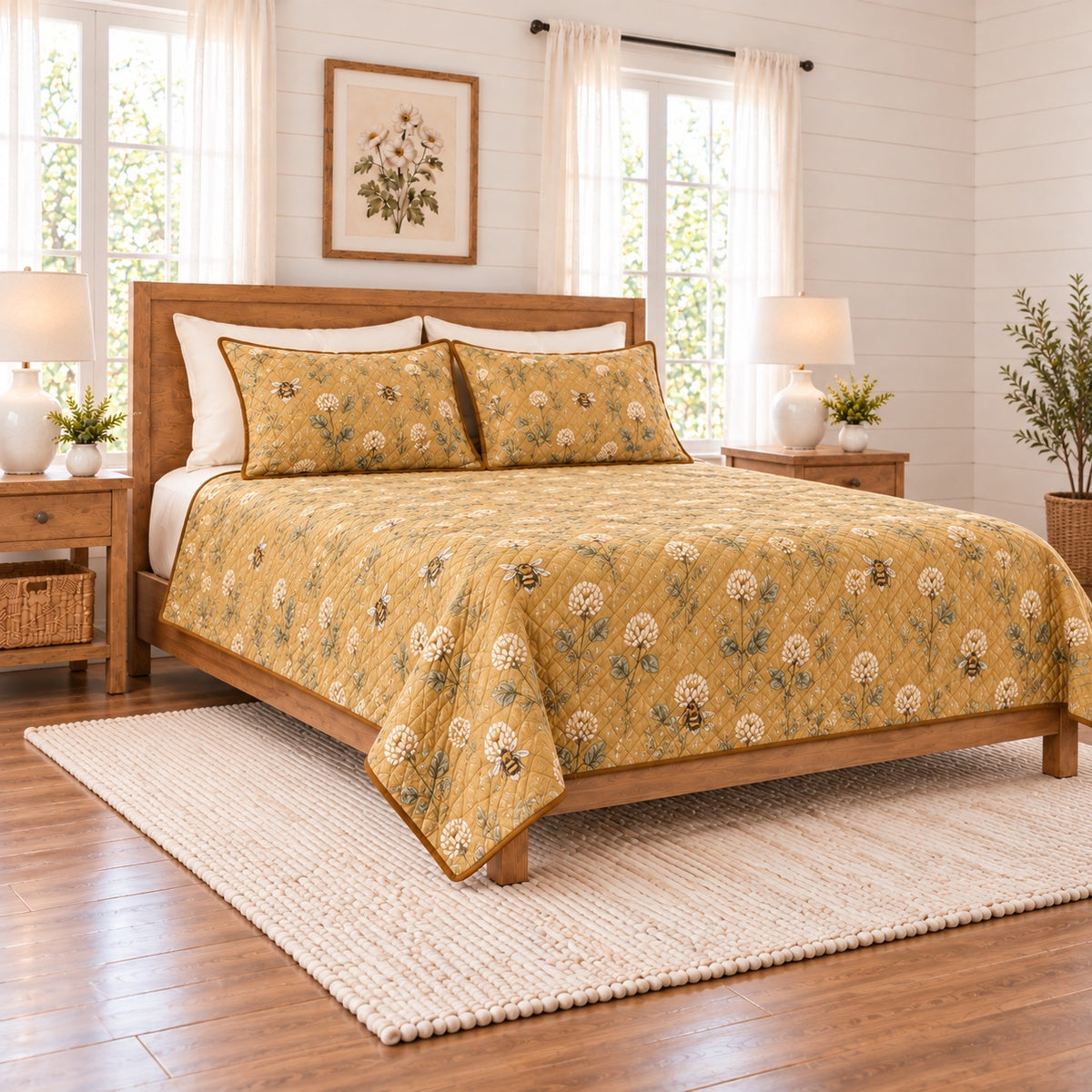 Muted mustard honeybee and clover quilt set left angle