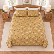 Muted mustard honeybee and clover quilt set overhead view