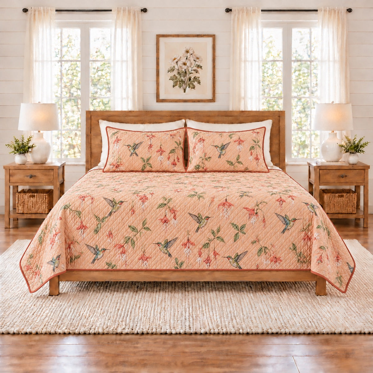 Soft peach hummingbird and fuchsia quilt set front view