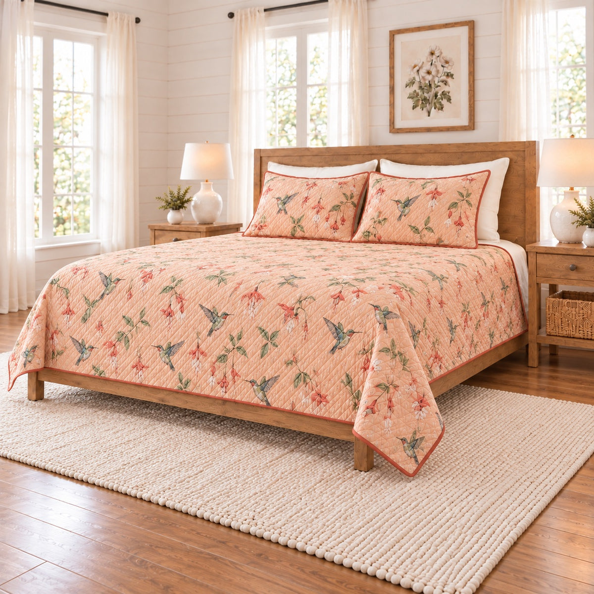 Soft peach hummingbird and fuchsia quilt set right angle