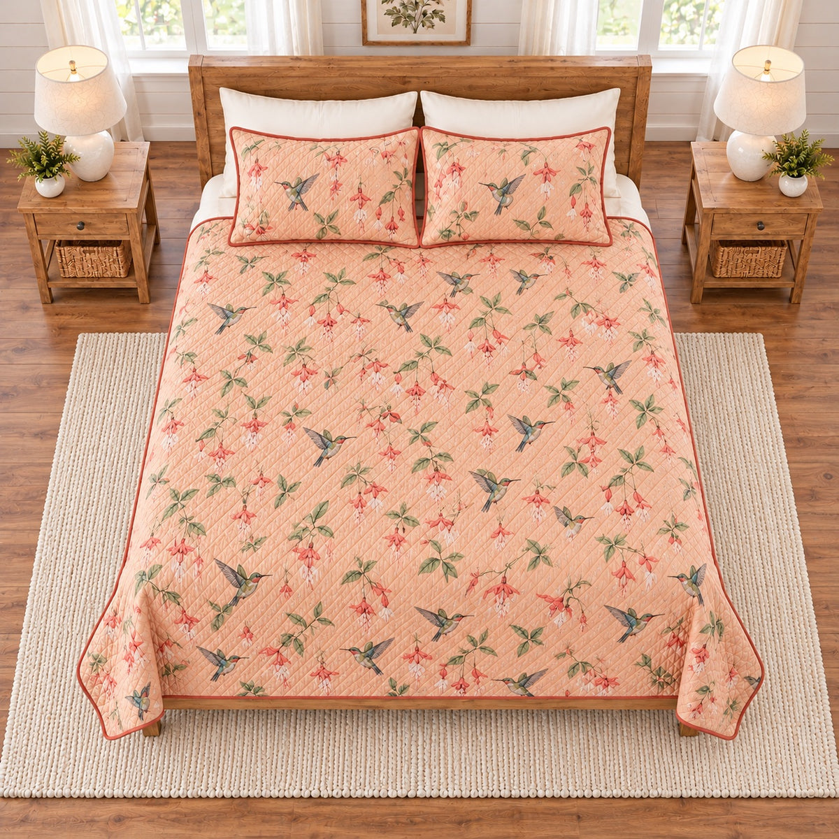 Soft peach hummingbird and fuchsia quilt set overhead view