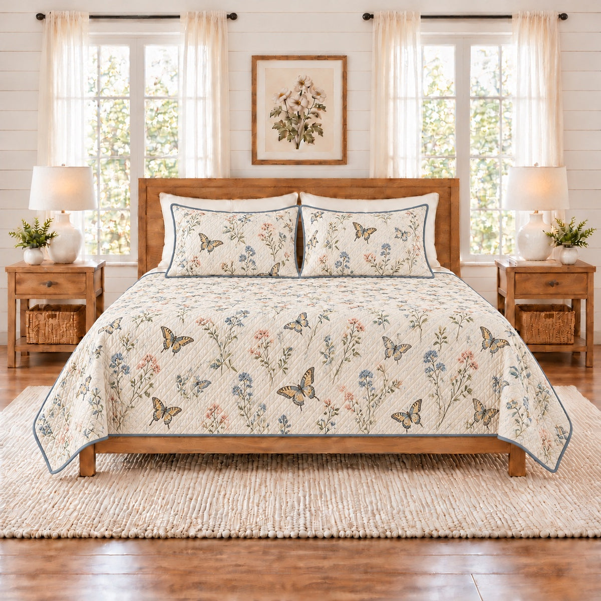 Warm ivory swallowtail butterfly and wildflower meadow quilt set front view