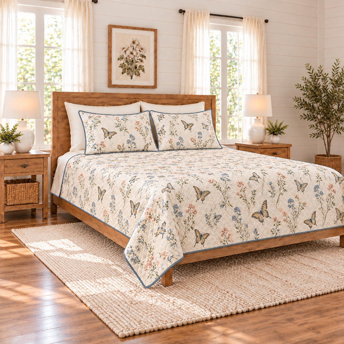 Warm ivory swallowtail butterfly and wildflower meadow quilt set left angle
