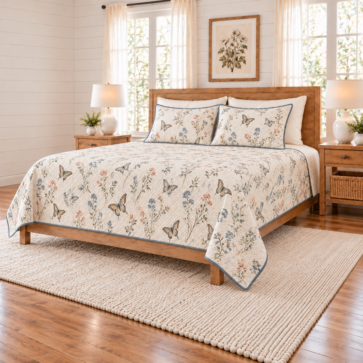 Warm ivory swallowtail butterfly and wildflower meadow quilt set right angle