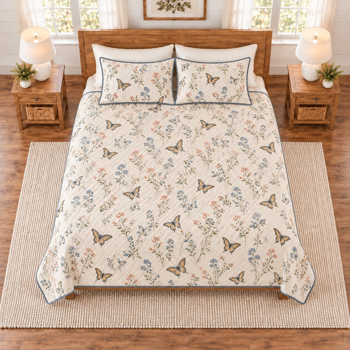 Warm ivory swallowtail butterfly and wildflower meadow quilt set overhead view