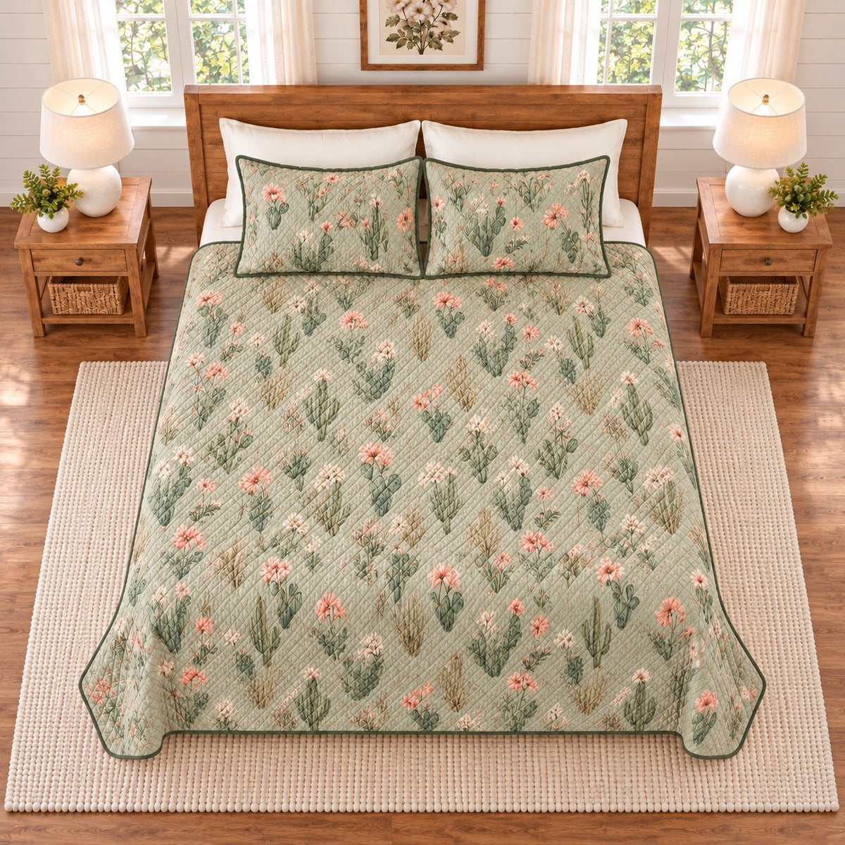 Desert sage cactus blossom quilt set overhead view