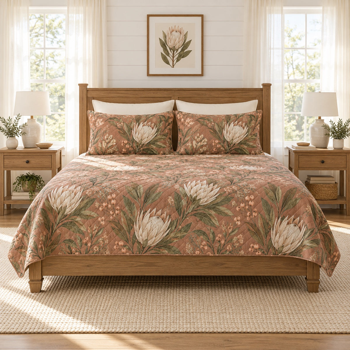 Muted clay olive protea botanical quilt set front view