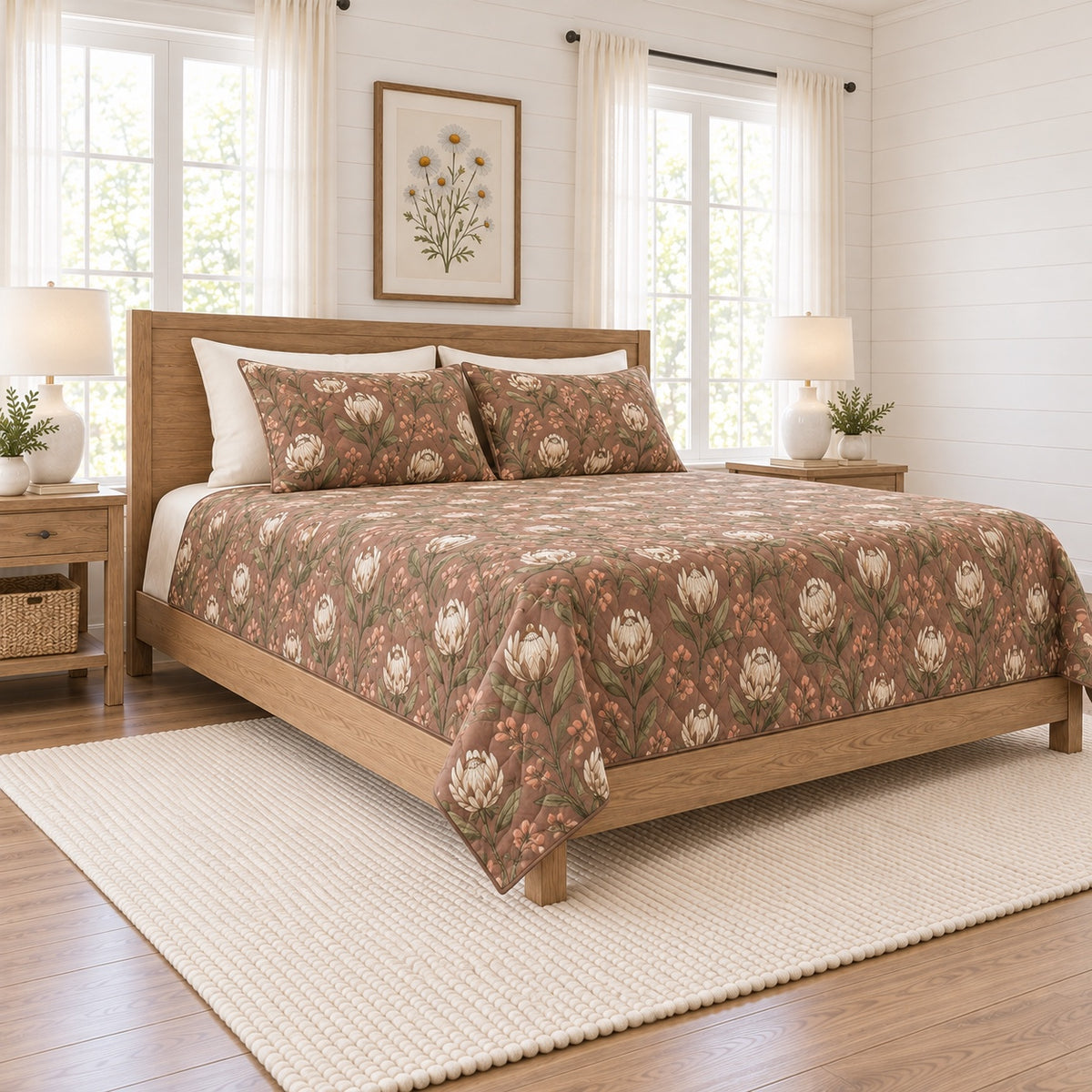 Muted clay olive protea botanical quilt set left angle