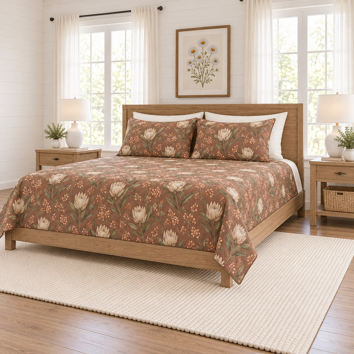 Muted clay olive protea botanical quilt set right angle