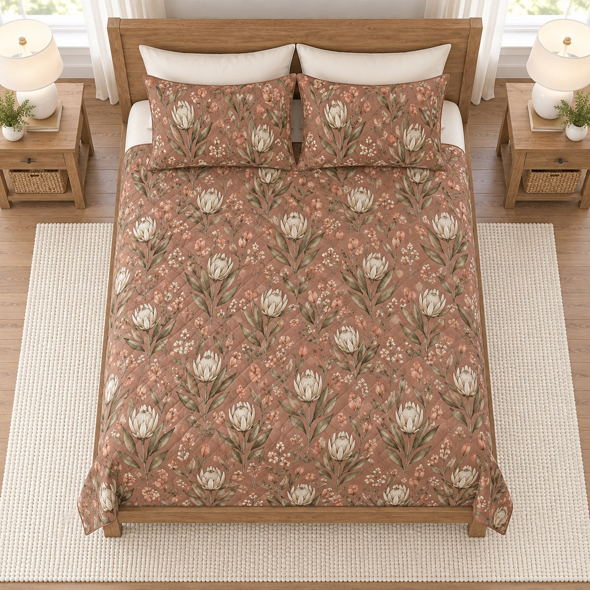 Muted clay olive protea botanical quilt set overhead view