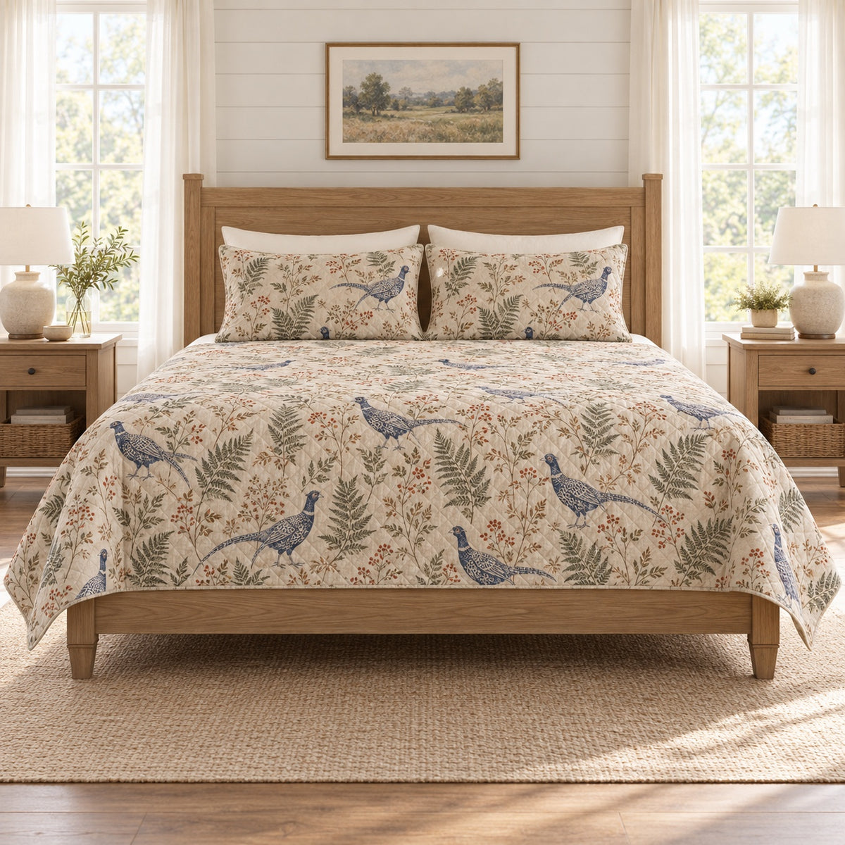 Warm linen indigo pheasant fern quilt set front view