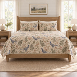 Indigo Pheasant Fern Quilt Set, Warm Linen Woodland Bedding, Gift for Bird Watchers