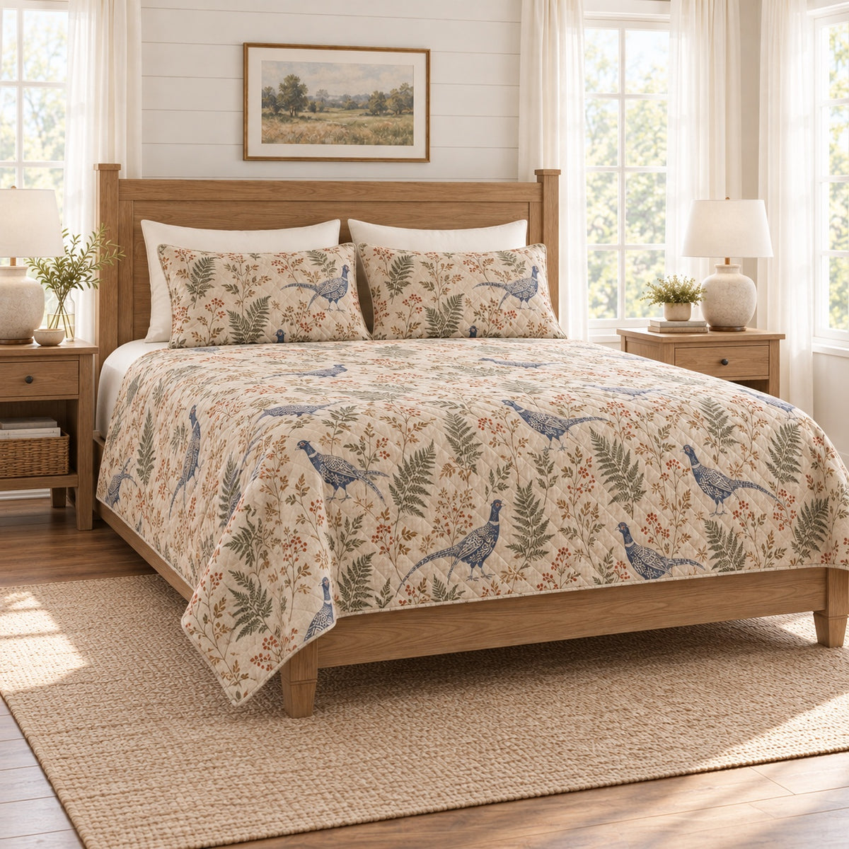 Warm linen indigo pheasant fern quilt set left angle