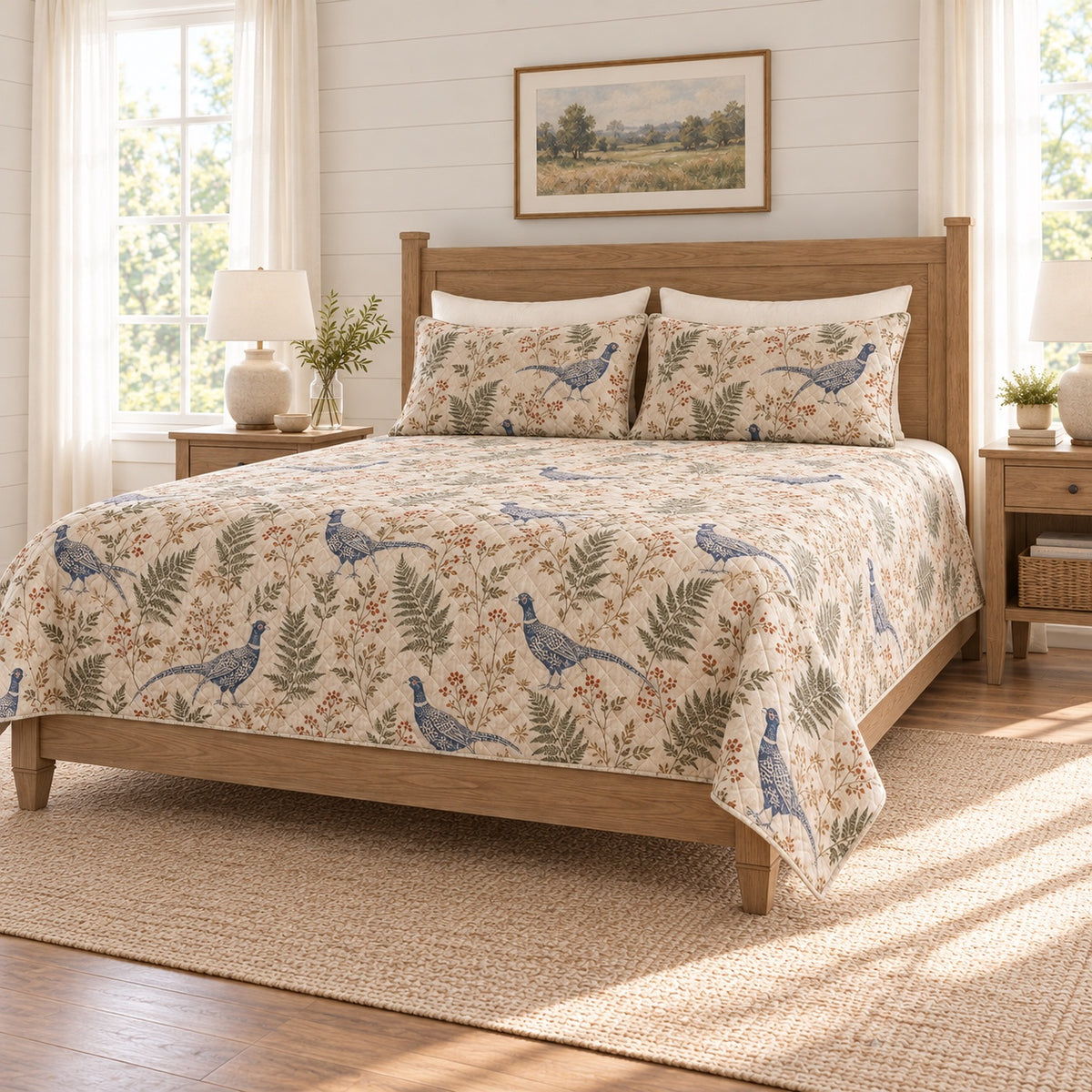 Warm linen indigo pheasant fern quilt set right angle