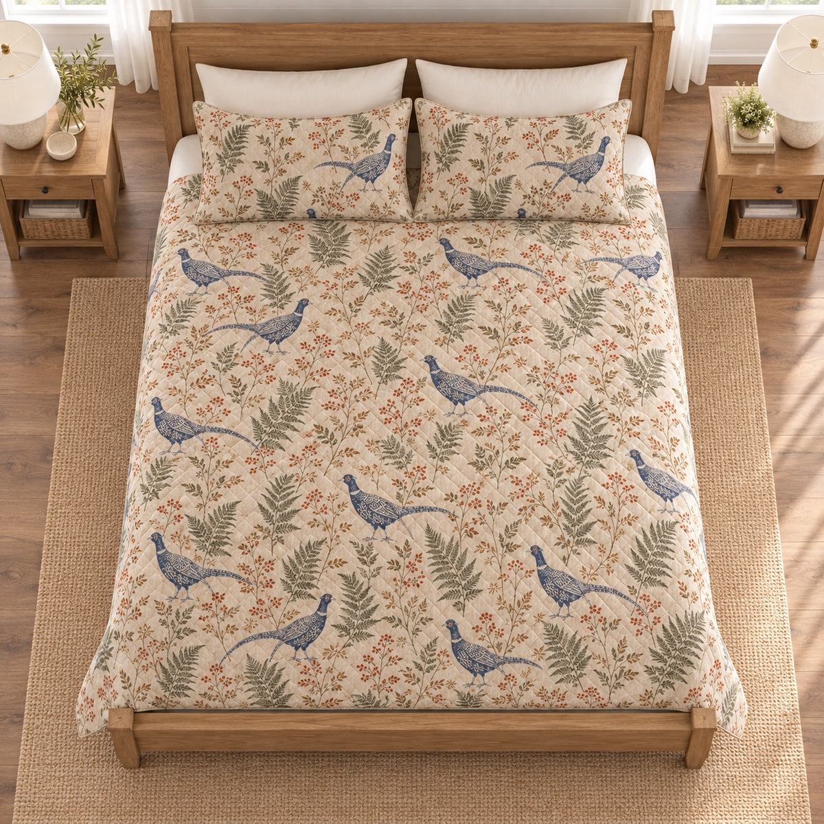 Warm linen indigo pheasant fern quilt set overhead view
