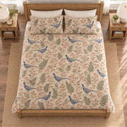 Warm linen indigo pheasant fern quilt set overhead view