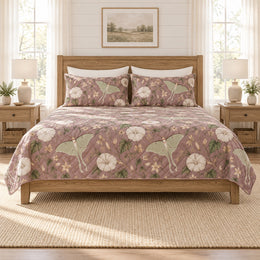 Dusty Mauve Luna Moth Moonflower Quilt Set, Botanical Bedding, Gift for Moth Lovers