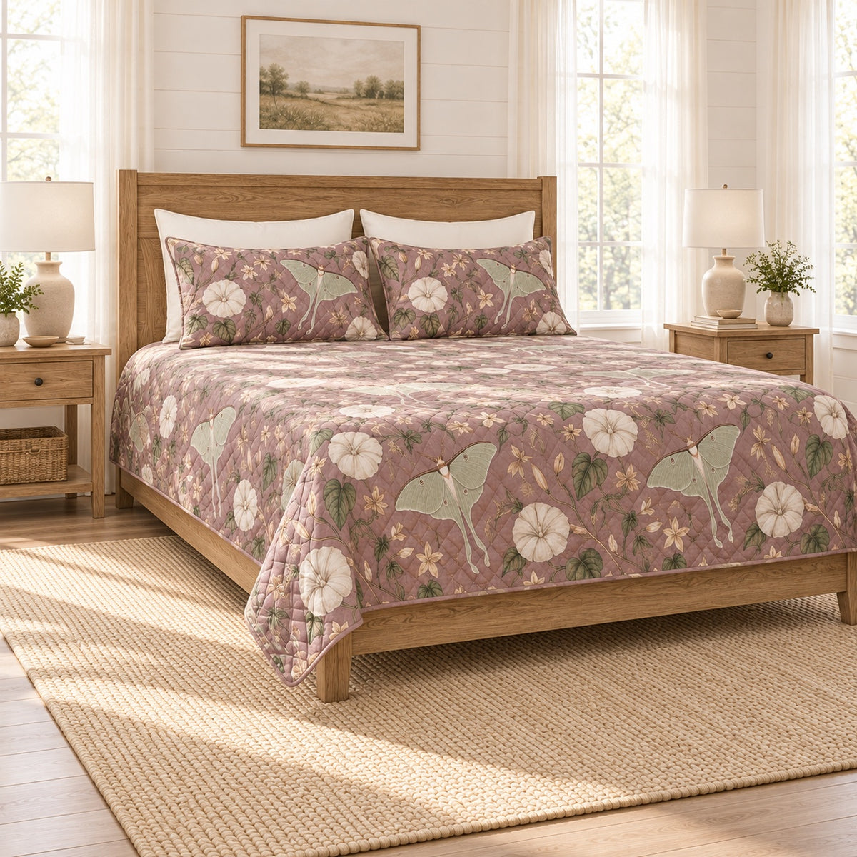 Dusty mauve luna moth moonflower quilt set left angle