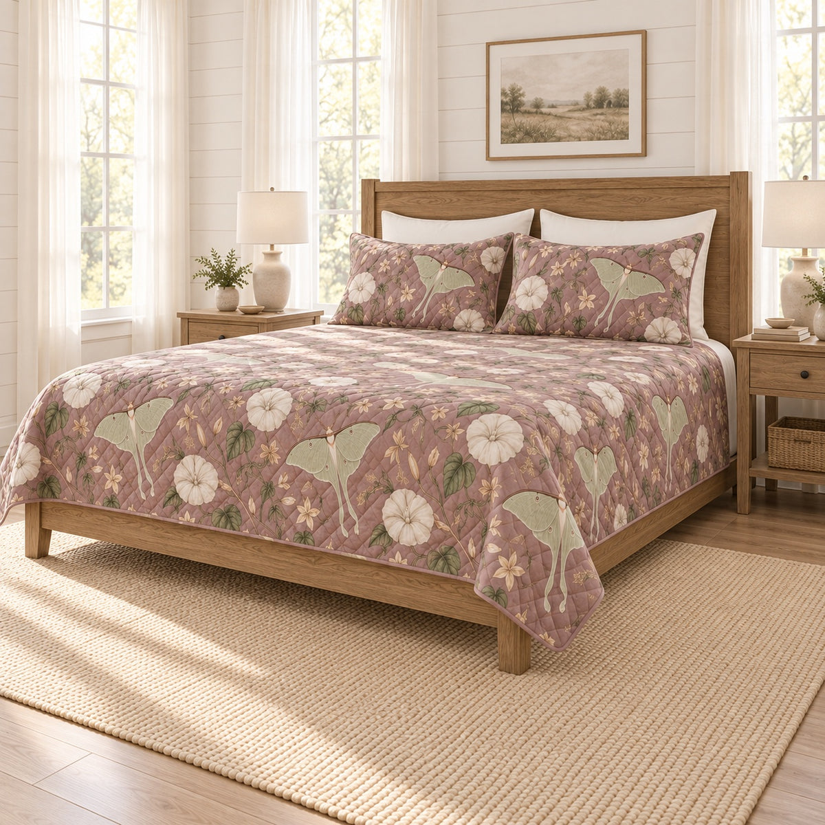 Dusty mauve luna moth moonflower quilt set right angle