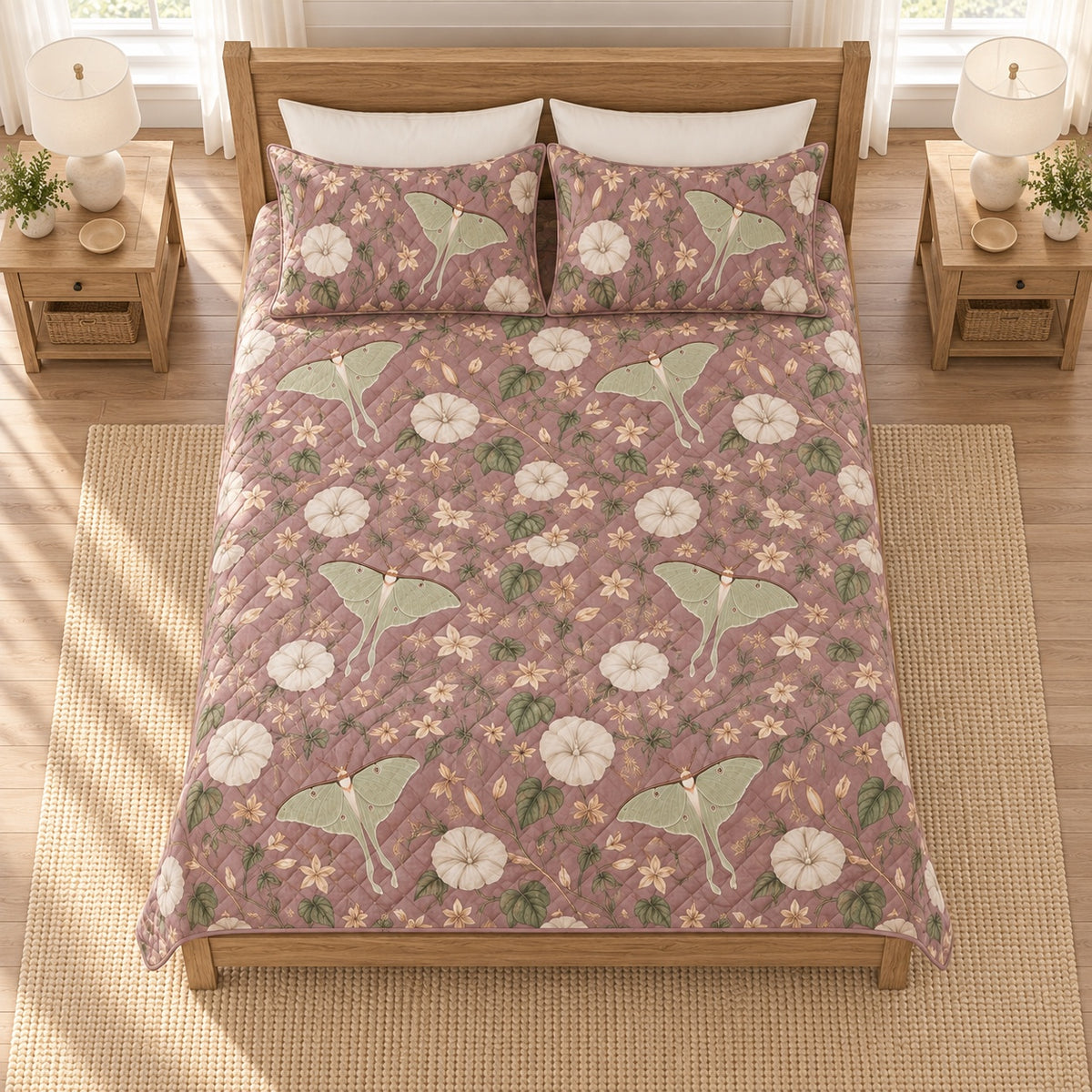 Dusty mauve luna moth moonflower quilt set overhead view