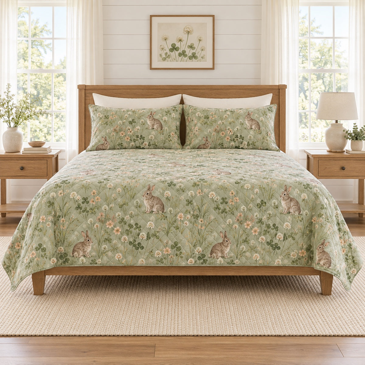 Soft sage rabbit clover meadow quilt set front view