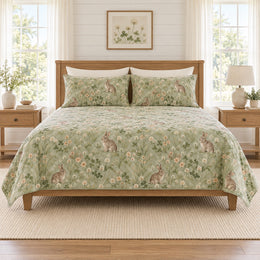 Sage Rabbit Clover Meadow Quilt Set, Cottage Bedding, Gift for Rabbit Lovers