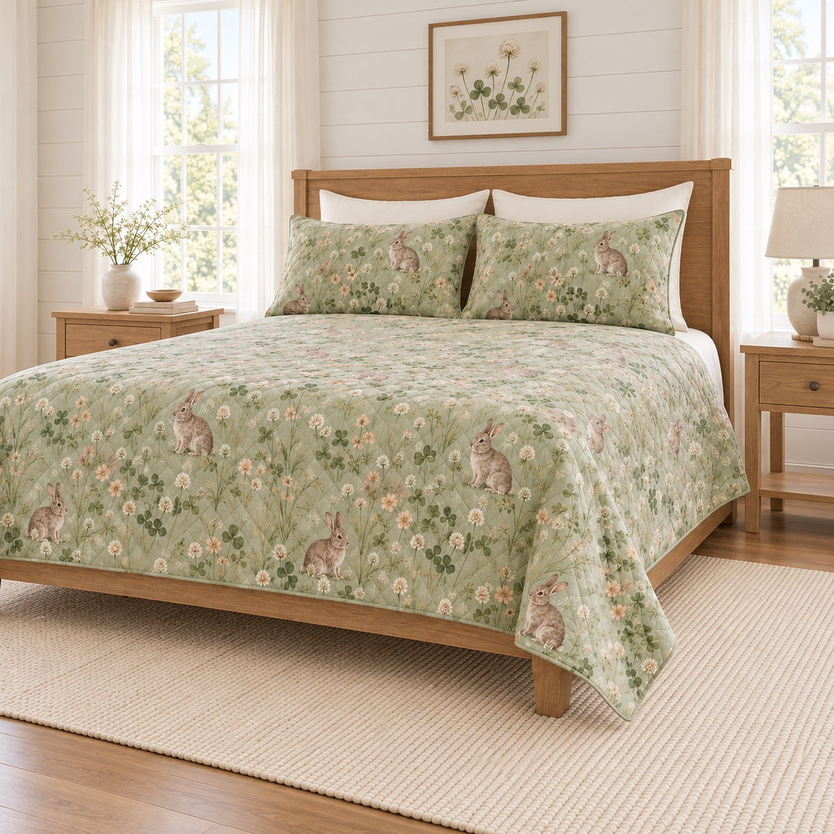 Soft sage rabbit clover meadow quilt set right angle